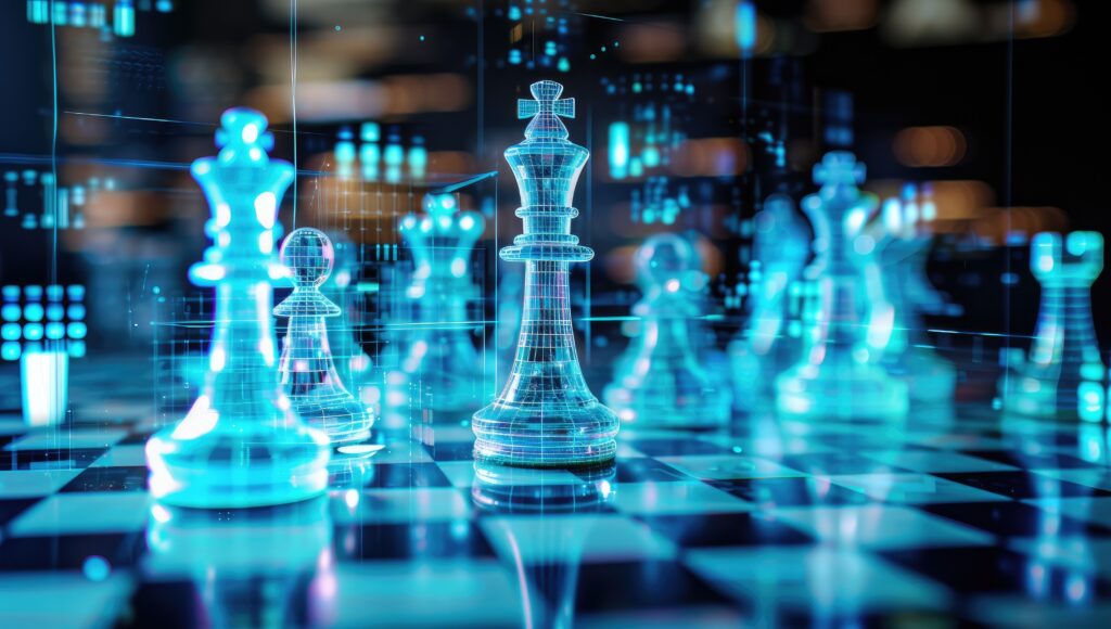 An AI generated image shows a glass chess board with electric blue grid-lined, semi-transparent chess pieces washed with technological inspired lines and layers of grid work. The focal point is the King piece.