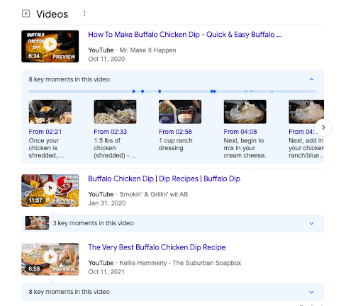 YouTube video Google search result of “how to make buffalo chicken dip”