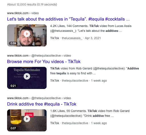Google search results of “tequila with additives Tiktok” videos