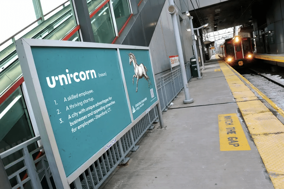 Signage for the Stamford unicorn business campaign photographed at Stamford Station on December 31, 2025.
Arnold Gold/Hearst Connecticut Media
